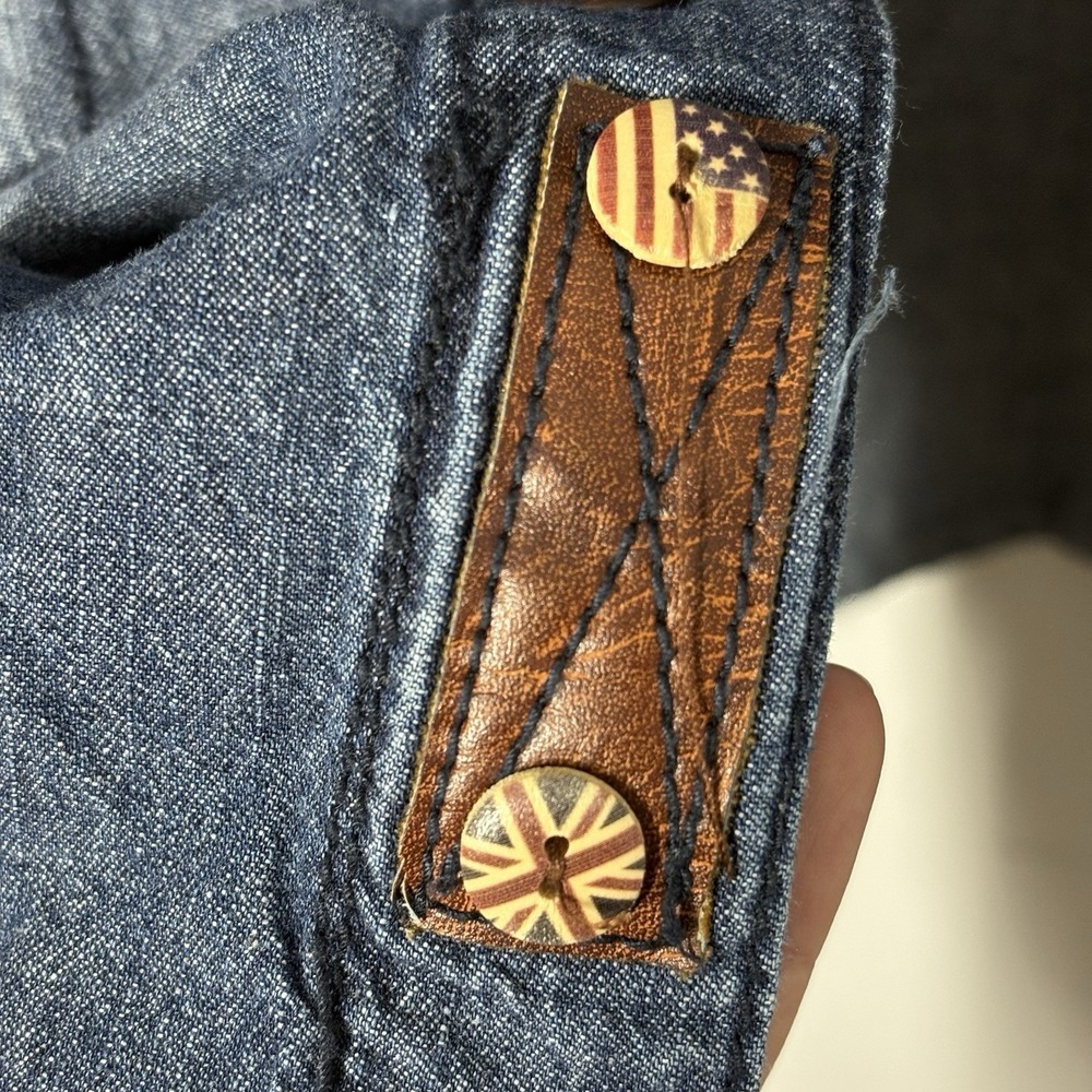 Heritage America Men 2XL Denim Jacket Grunge Flannel Patch Distressed Streetwear - Picture 11 of 15